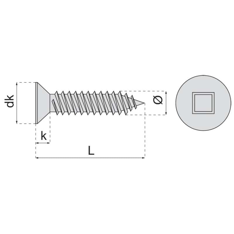Vis tôle tête fraisée empreinte carrée inox A2