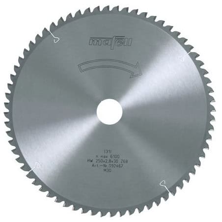 Lame carbure alu et PVC Ø250 mm / 68 dents pour scie à table ERIKA MAFELL 092467