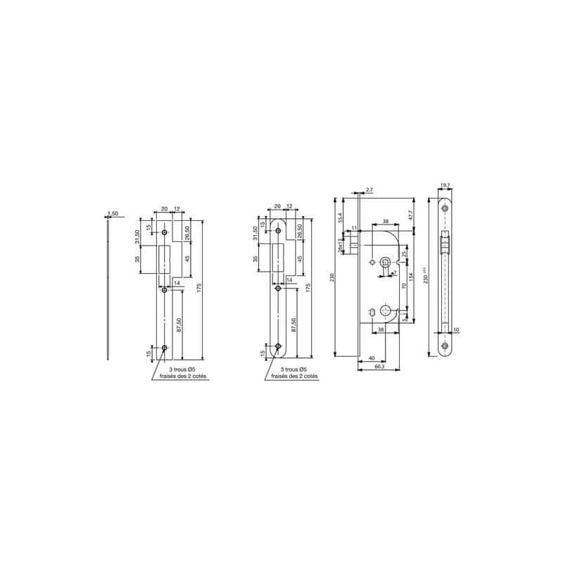 Serrure série D 20 NF  Pêne dormant seul D 24 R - DSG24 VACHETTE