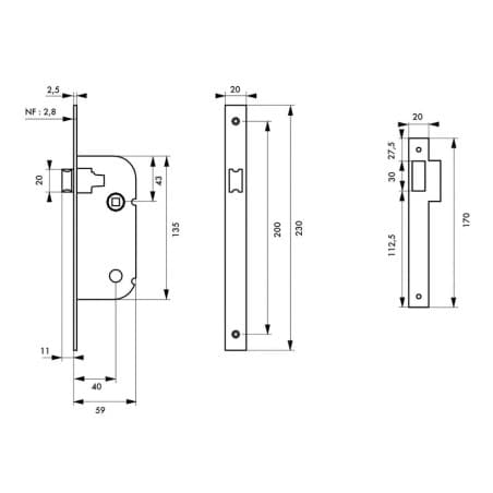 Serrure axe 40 mm coffre 135 mm  THIRARD