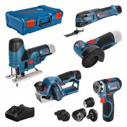 Pack 5 outils 12V GSR FC + GOP + GHO + GWS + GST + 3 batteries + chargeur BOSCH 0615A0017D