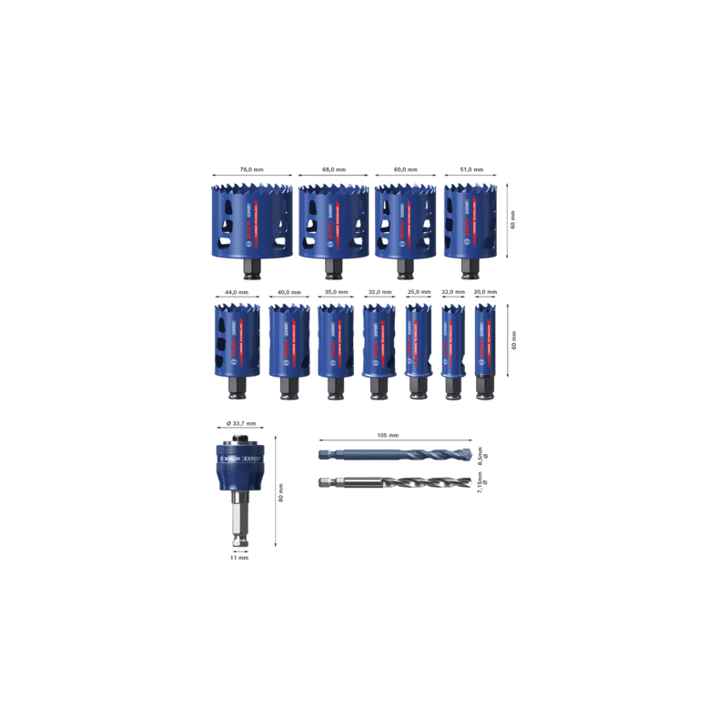 Coffret trépan carbure  (20/22/25/32/35/40/44/51/60/68/76 mm) Power Change EXPERT TOUGH MATERIAL - 14 pièces - BOSCH 2608900448