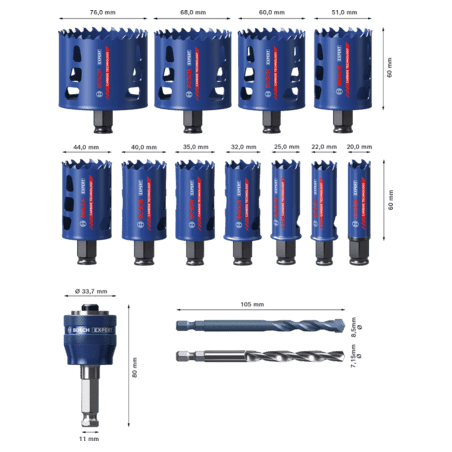 Coffret trépan carbure  (20/22/25/32/35/40/44/51/60/68/76 mm) Power Change EXPERT TOUGH MATERIAL - 14 pièces - BOSCH 2608900448