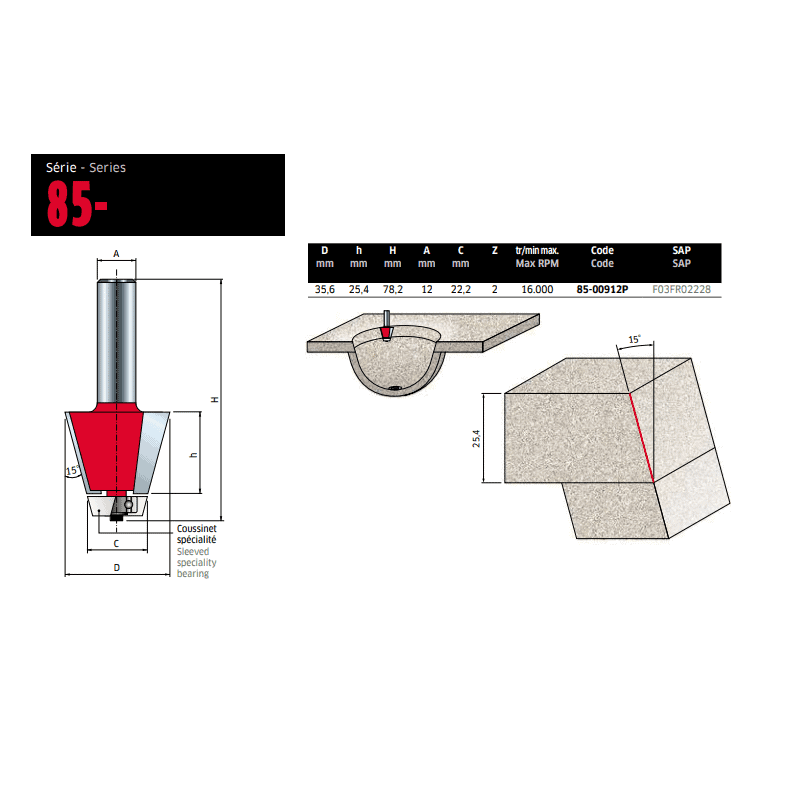 Fraise pour biseau corian - Ø35,6 / Q12 / H78,2-25,4 mm / Z2 - FREUD F03FR02228