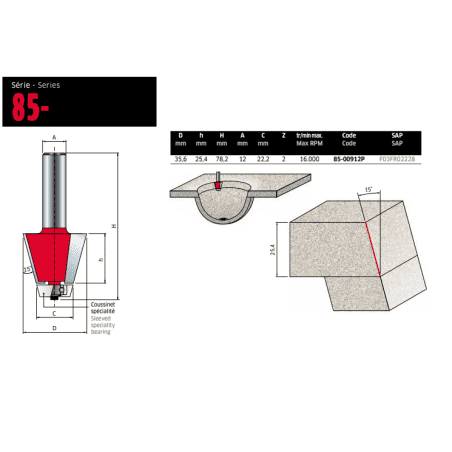 Fraise pour biseau corian - Ø35,6 / Q12 / H78,2-25,4 mm / Z2 - FREUD F03FR02228