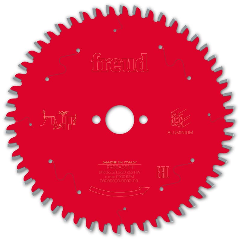 Lame alu / PVC Ø 160 mm - AL 20 mm - E 2,2/1,6 mm - 52 dents FREUD F03FS09808
