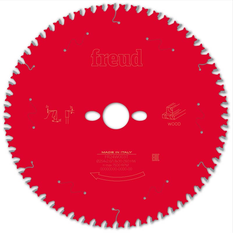 Lame bois - Ø 254 mm - AL 30 mm - E 2,6/1,6 mm - 60 dents FREUD F03FS09780