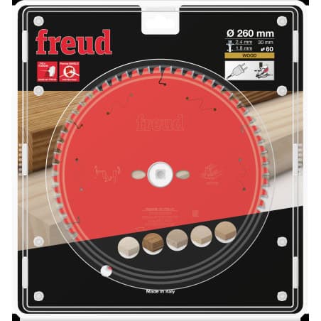 Lame bois Ø 260 mm - AL Ø 30 mm - 60 dents - E 2,4/1,8 mm - FREUD F03FS09760