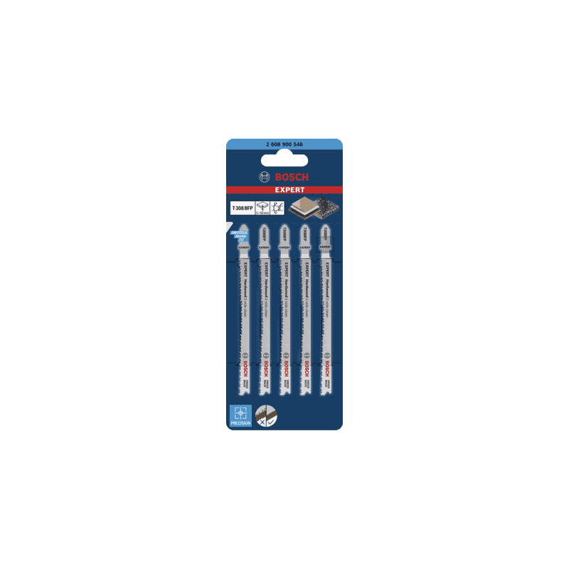 Lames de scie sauteuse bois dur T308 BFP x5 EXPERT 'HARDWOOD 2-SIDE CLEAN' BOSCH 2608900548