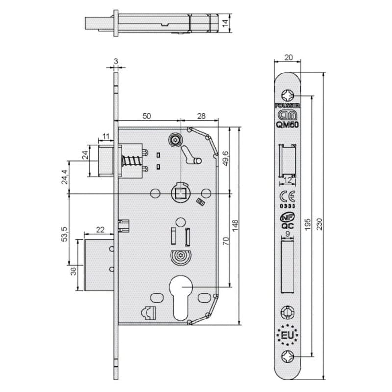 Serrure axe 50 mm NF QC  Têtière blanche