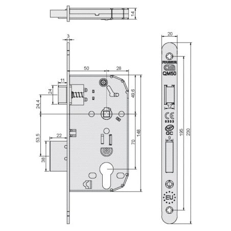 Serrure axe 50 mm NF QC  Têtière blanche