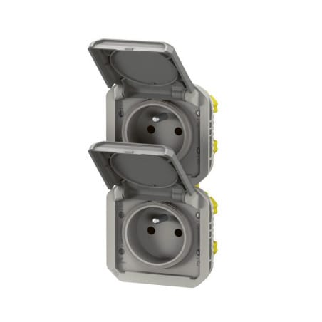 Double prise de courant grise verticale composable précablée PLEXO LEGRAND 069563L