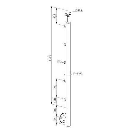 Poteau inox pose à l'anglaise Configuration 5 lisses A14-BR110-5D12-F