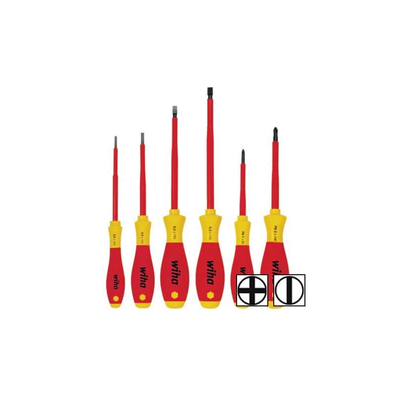 Jeu de 6 tournevis electricien isoles  fente/phillips WIHA