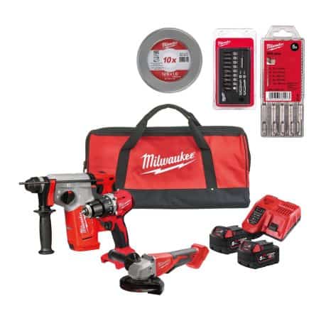 Lot 3 outils 18 V + coffret embouts + coffret forêt béton + disques à tronçonner MILWAUKEE